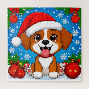 Anbetungswürdiger Welpe mit Santa-Hut und Weihnach Puzzle