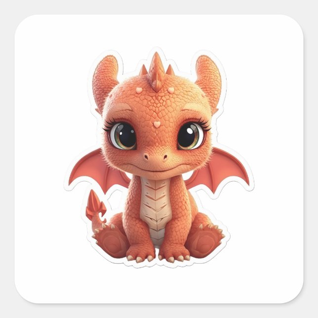 Anbetungswürdiges 3D-Baby-Drache-Fantasie-Kreatur- Quadratischer Aufkleber (Vorderseite)