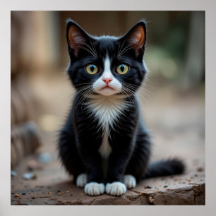 Anbetungswürdiges schwarz-weißes Kätzchen sitzt dr Poster