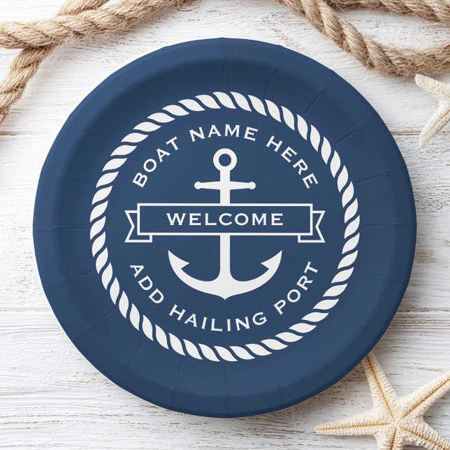 Anchor and rope boat name hailing port welcome pappteller (Anchor and rope boat name hailing port welcome paper plates)