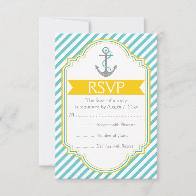 Anchor aqua, gelbe nautische Hochzeit RSVP Karte (Vorderseite)