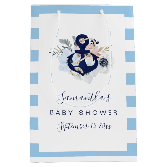 Anchor Blue Beach Nautical Floral Baby Dusche Mittlere Geschenktüte (Vorderseite)