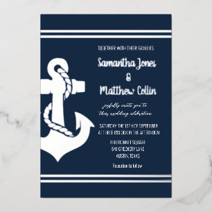 Anchor Boat Nautical Navy Blue Silver Foil Hochzei Folieneinladung