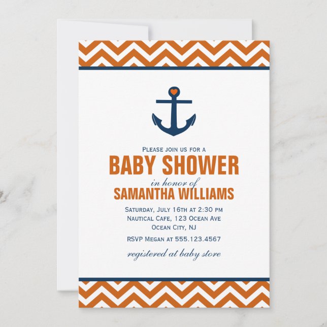 Anchor & Chevrons Nautical Baby Dusche {Mandarine} Einladung (Vorderseite)