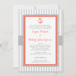 Anchor Gray Stripes Coral Wedding Einladung