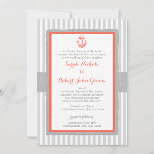Anchor Gray Stripes Coral Wedding Einladung
