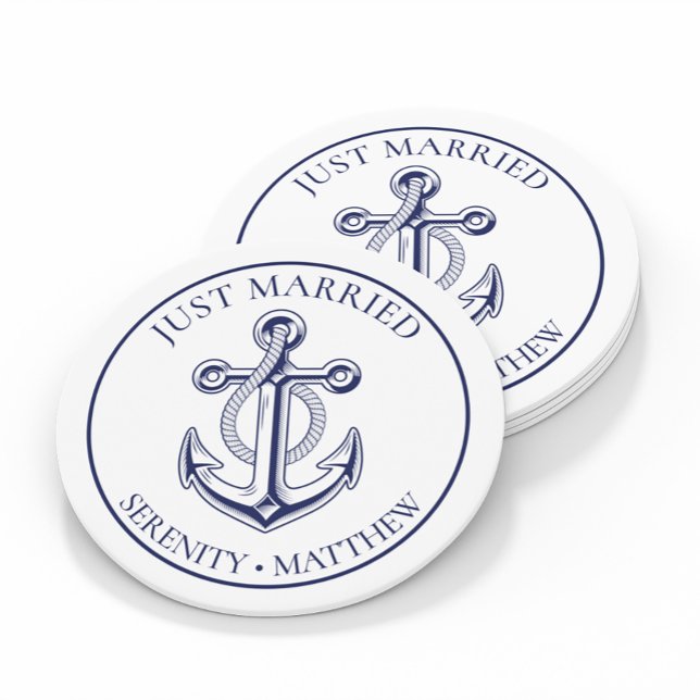 Anchor Just Married Navy Blue Nautical Wedding Runder Aufkleber (Von Creator hochgeladen)