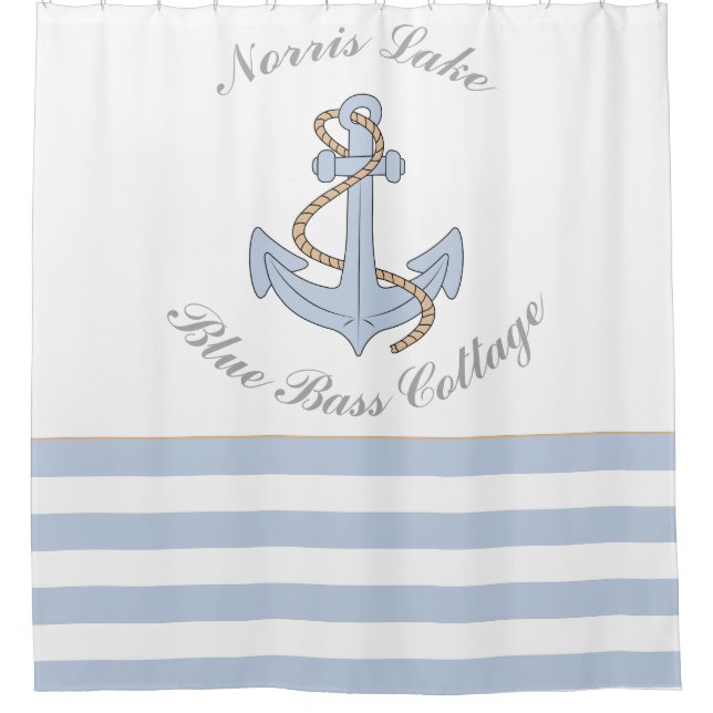 Anchor Lake Vacation Beach House Name Blue Stripes Duschvorhang (Vorderseite)