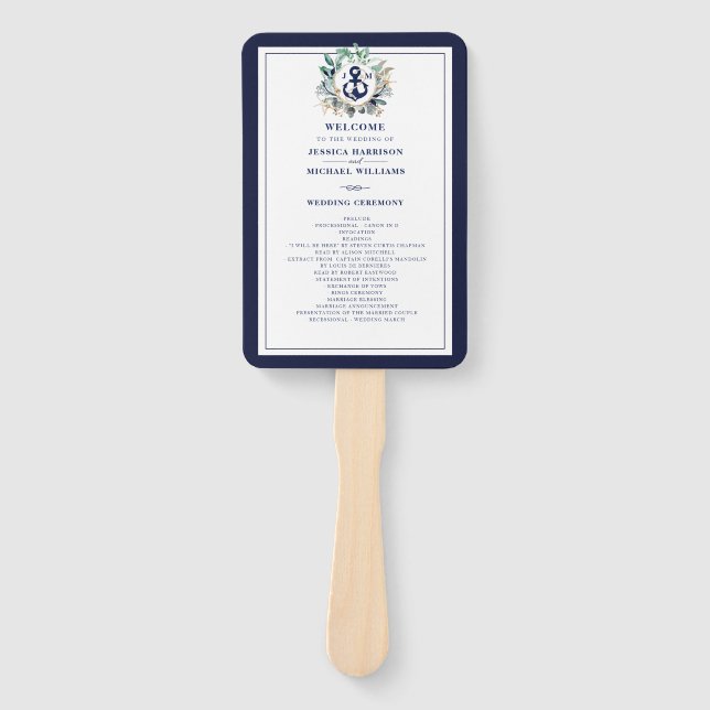 Anchor Monogram Greenerity Wreath Navy Hochzeit Fächer (Vorderseite)