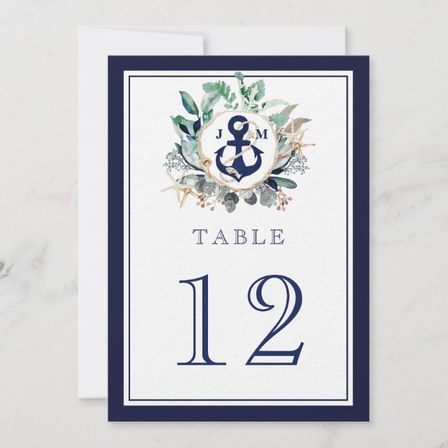 Anchor Monogram Greenery Navy Hochzeitsfeier Tisch (Vorderseite)