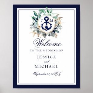 Anchor Monogram Greenery Wreath Wedding Willkommen Poster