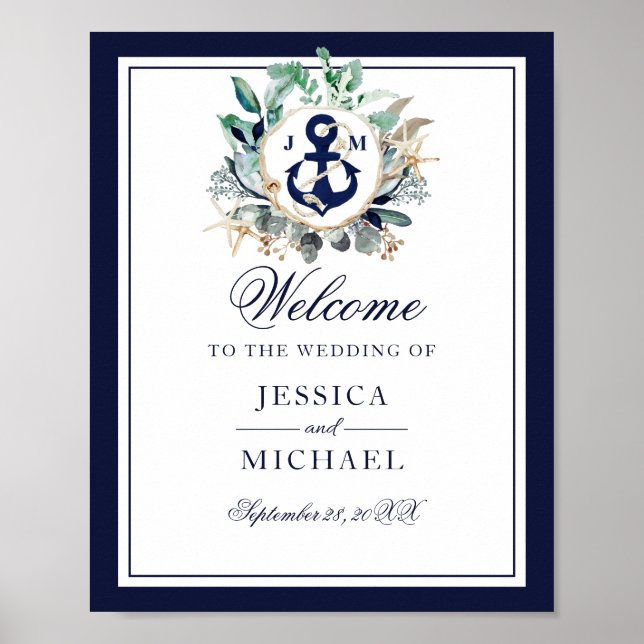 Anchor Monogram Greenery Wreath Wedding Willkommen Poster (Vorne)