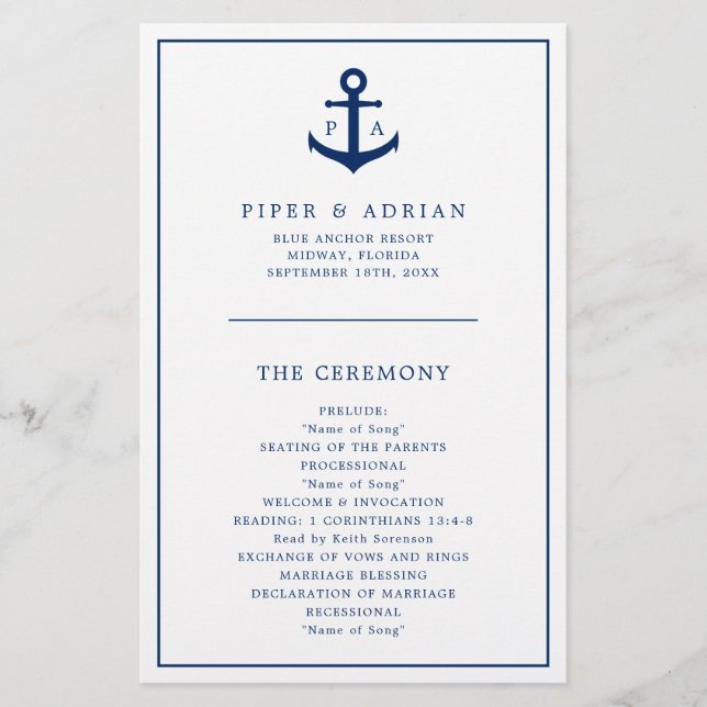 Anchor Monogram Nautical Budget Wedding Program Flyer (Vorne)