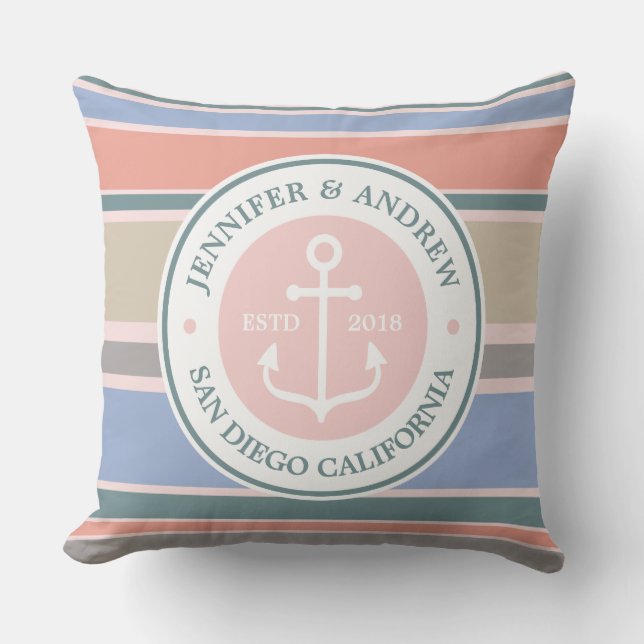 Anchor Monogram Trendy Stripes Pink Nautical Beach Kissen (Vorderseite)