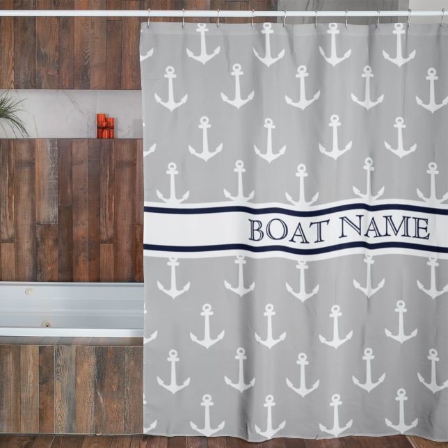 Anchor Muster Gray Blue Nautical Bootname Duschvorhang (Von Creator hochgeladen)