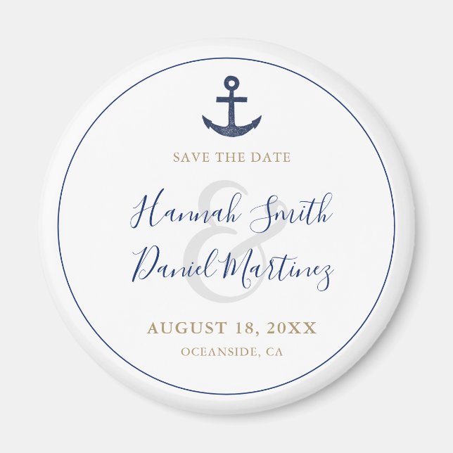 Anchor Nautical Blue Wedding Save the Date Round Magnet (Vorne)