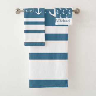 Anchor Nautical Coastal Blue White Stripes Name Badhandtuch Set