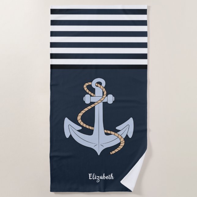Anchor Nautical Navy Blau Streifen Strandtuch (Vorderseite)