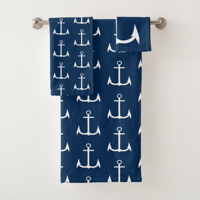 Anchor Nautical Navy Blue Bath Handtuch Set (Insitu)