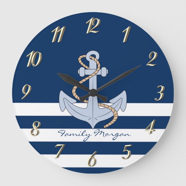 Anchor Navy Blau Streifen Große Wanduhr (Vorderseite)