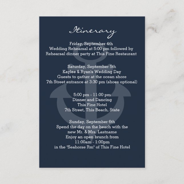 Anchor Navy Blue Intinerary Begleitkarte (Vorderseite)