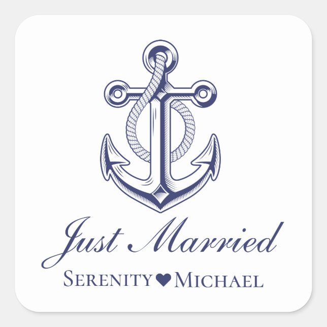Anchor Navy Blue Nautical Just Married Wedding Quadratischer Aufkleber (Vorderseite)