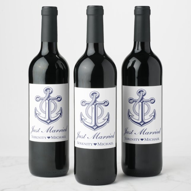Anchor Navy Blue Nautical Just Married Wedding Weinetikett (Flaschen)