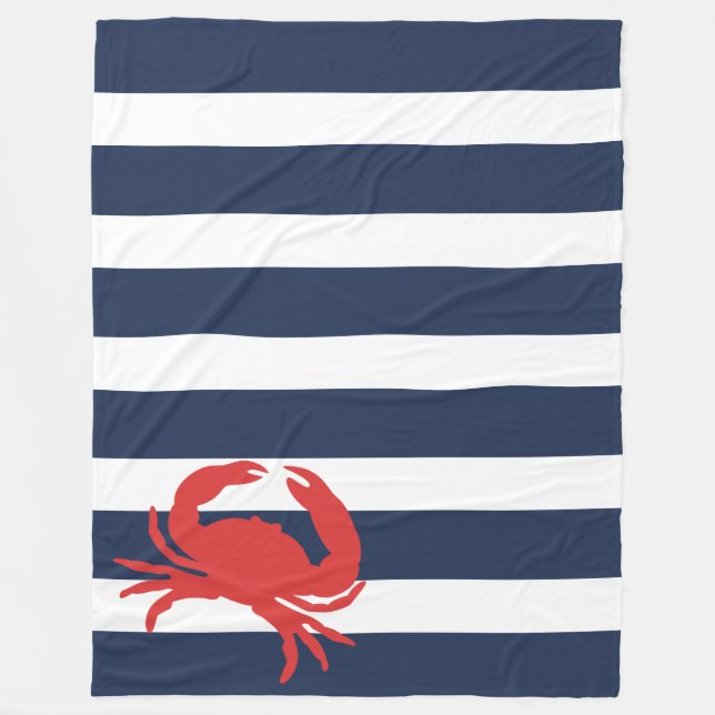 Anchor Navy Blue Stripes Red Crab Fleecedecke (Vorderseite)