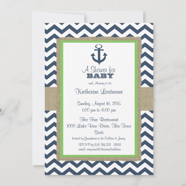 Anchor Navy Blue ZigZag Baby Shower Einladung (Rückseite)
