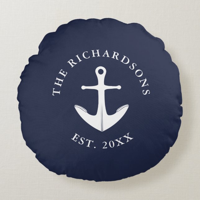 Anchor Navy Personalisiert Nautic Rundes Kissen (Vorderseite)