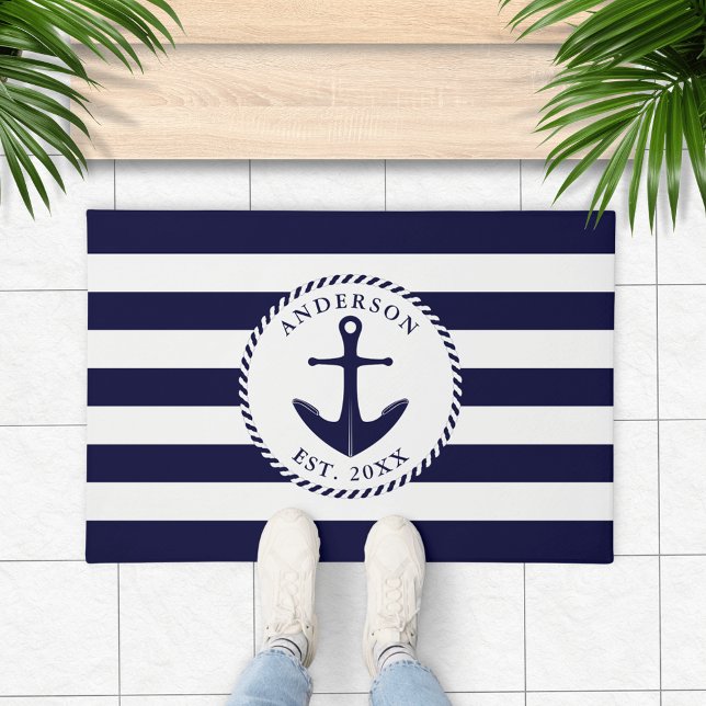 Anchor Navy Personalisiert White Nautic Fußmatte (Navy Blue and White Personalized Nautical Doormat with Anchor and Stripes)