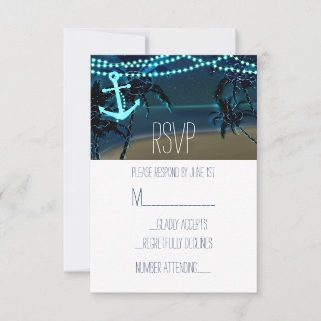 Anchor & Palm Trees Beach Night Wedding RSVP Card (Vorderseite)