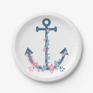 Anchor Pink Blue Floral Nautic Brautparty  Pappteller