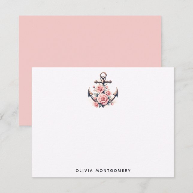 Anchor Pink Roses Nautical Personal Mitteilungskarte (Vorne/Hinten)