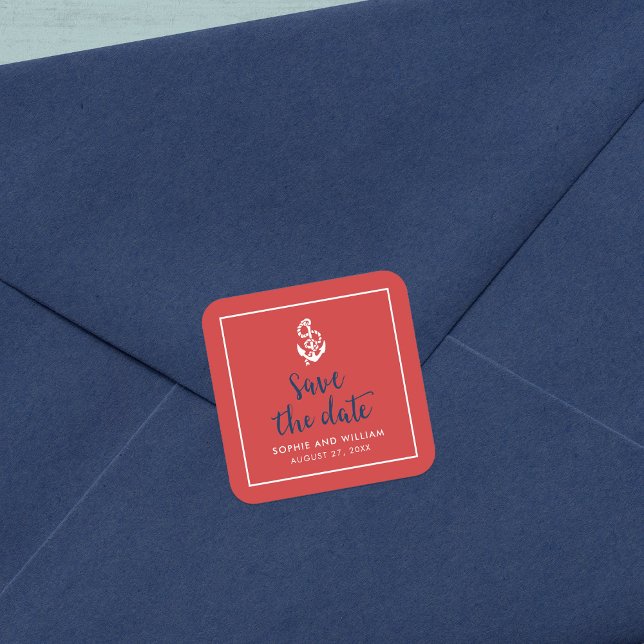 Anchor Red und Blue Script Save the Date Quadratischer Aufkleber (Von Creator hochgeladen)