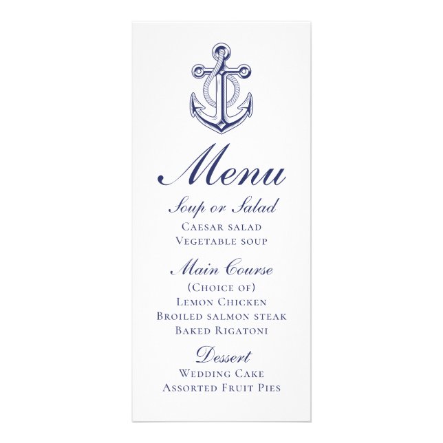 Anchor Sailor Navy Blue Nautical Wedding Menu Werbekarte (Vorne)