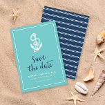 Anchor Turquoise und Blue Script Save the Date<br><div class="desc">Stilvolle Nautic Save the Date mit einem Anker und den Worten "Save the Date" in einem stylish blauen Skript vor einem türkisfarbenen Hintergrund mit weißem Rand. Die Karte weist ein weißes Streifen-Muster auf einer blauen Rückseite auf. Karo andere Hochzeitsartikel hier https://www.zazzle.com/rosewoodandcitrus/gifts?cg=196540141241316965&rf=238364477188679314 Personalisieren Sie sie durch Ersetzen des Platzhaltertextes. Für weitere...</div>