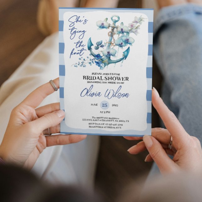 Anchor Tying the Knot Nautical Bridal Shower  Einladung (chic Anchor Floral Roses Tying the Knot Nautical Bridal Shower Blue and White Stripe Sailboat invite)