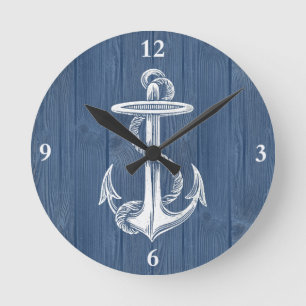 Anchor Vintage Blue Wood Clock Runde Wanduhr