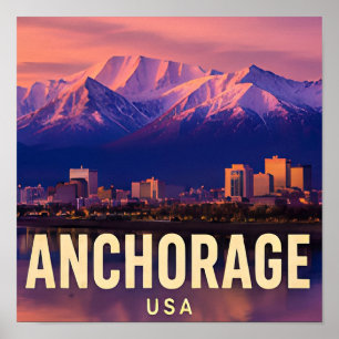 Anchorage Alaska Schneeige Bergstadtlandschaft Poster