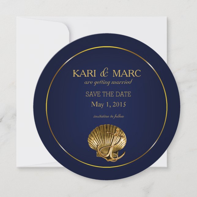 Anchored Seashell Save the Date | Marine und Gold Einladung (Vorderseite)