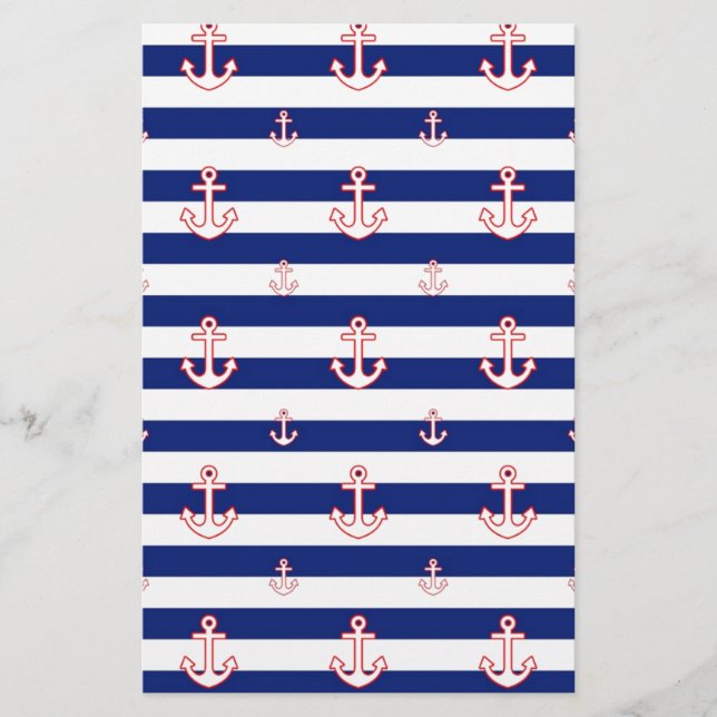Anchors on Stripes Nautical Decor Briefpapier (Vorderseite)