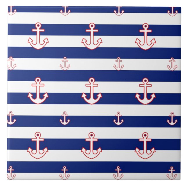 Anchors on Stripes Nautical Decor Fliese (Vorderseite)