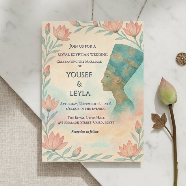 Ancient ägyptische Majestic Nefertiti Einladung (Ancient Egyptian wedding invitation with Nefertiti & lotus.)