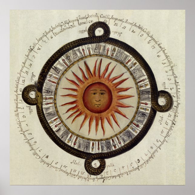 Ancient Aztec Sun Calendar Mexiko Zeichnend Poster (Vorne)