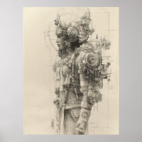 Ancient Aztec Tolteca God Pencil Sketch Poster