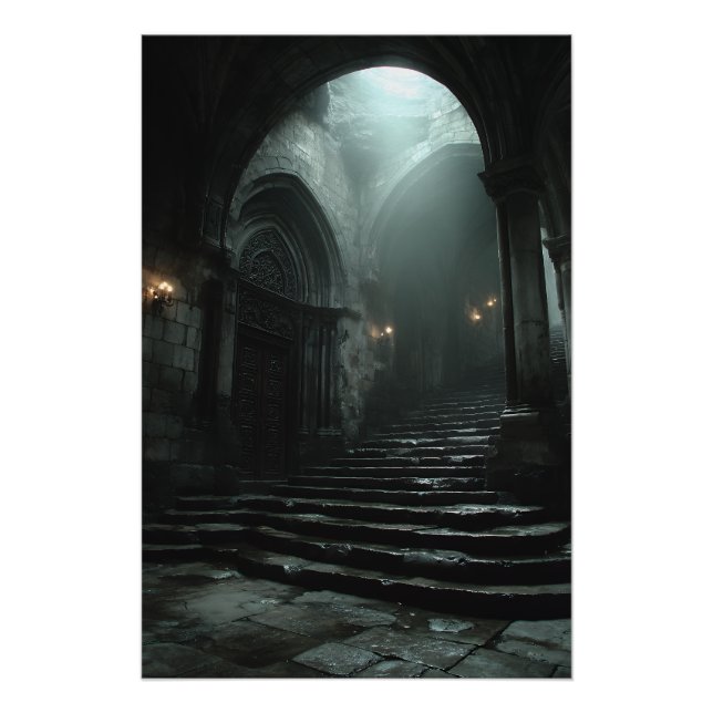 Ancient Cathedral Stairway Mist Light Poster (Vorderseite)