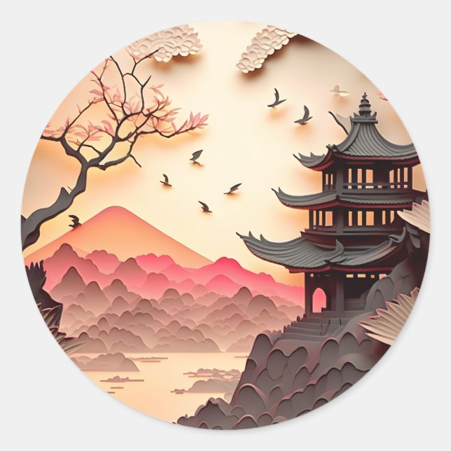 Ancient Chinese Scene Paper Cut Round Stickers (Vorderseite)