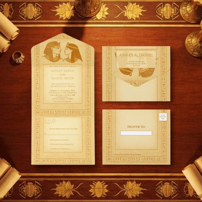 Ancient Hieroglyphs King & Queen Wedding Gold Foil All-in-One-Einladung (Von Creator hochgeladen)