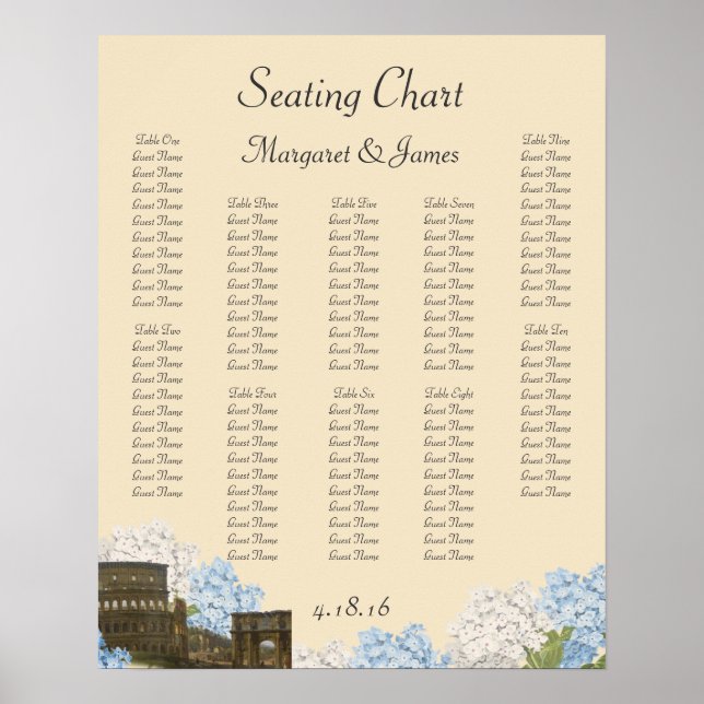 Ancient Rome Blue Hydrangea Seating Chart Poster (Vorne)